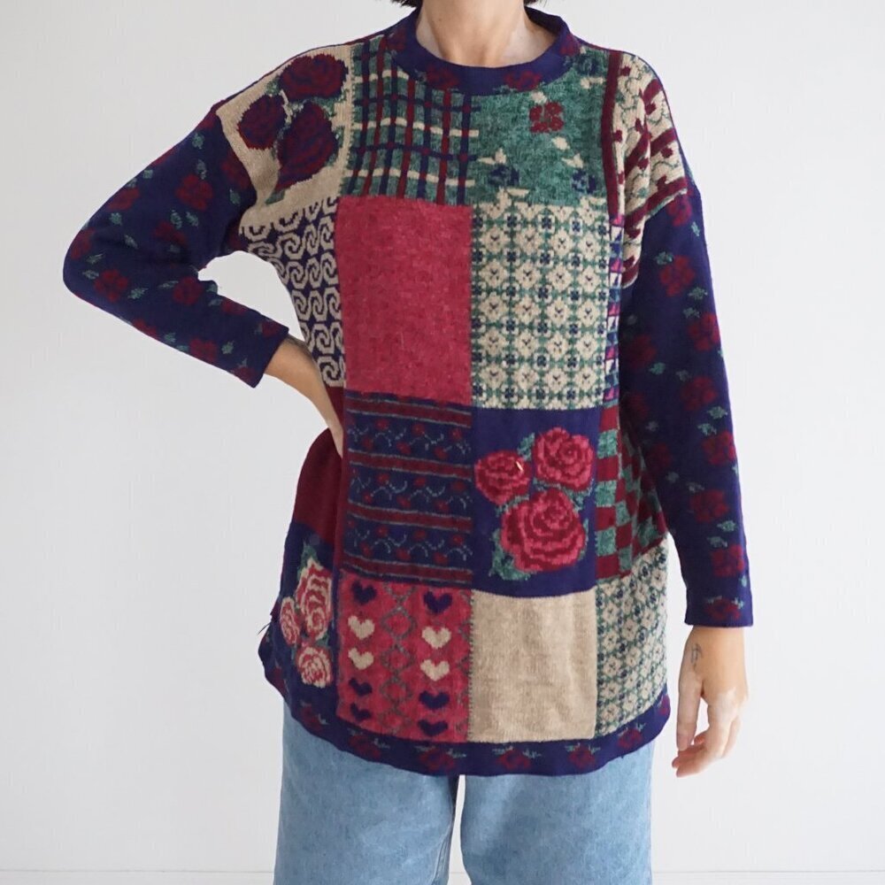 Vintage Classic Elements Green Floral Rose Patchwork Pattern Knit Sweater L